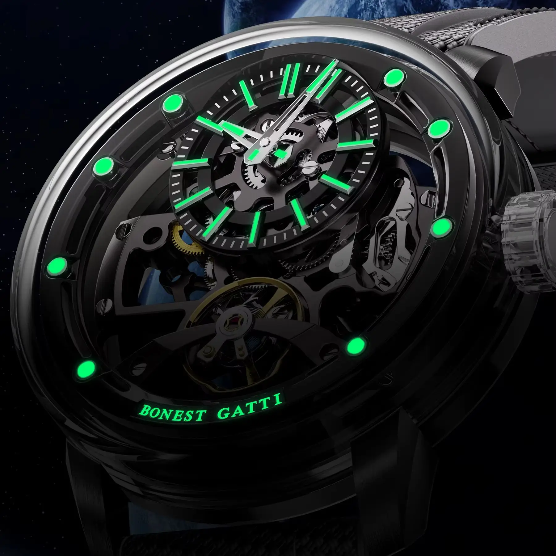 BONEST GATTI Men Automatic Watch 44mm Mechanical Wristwatch Skeleton Dial Luminous Sapphire Mirror Quick Release FKM Strap