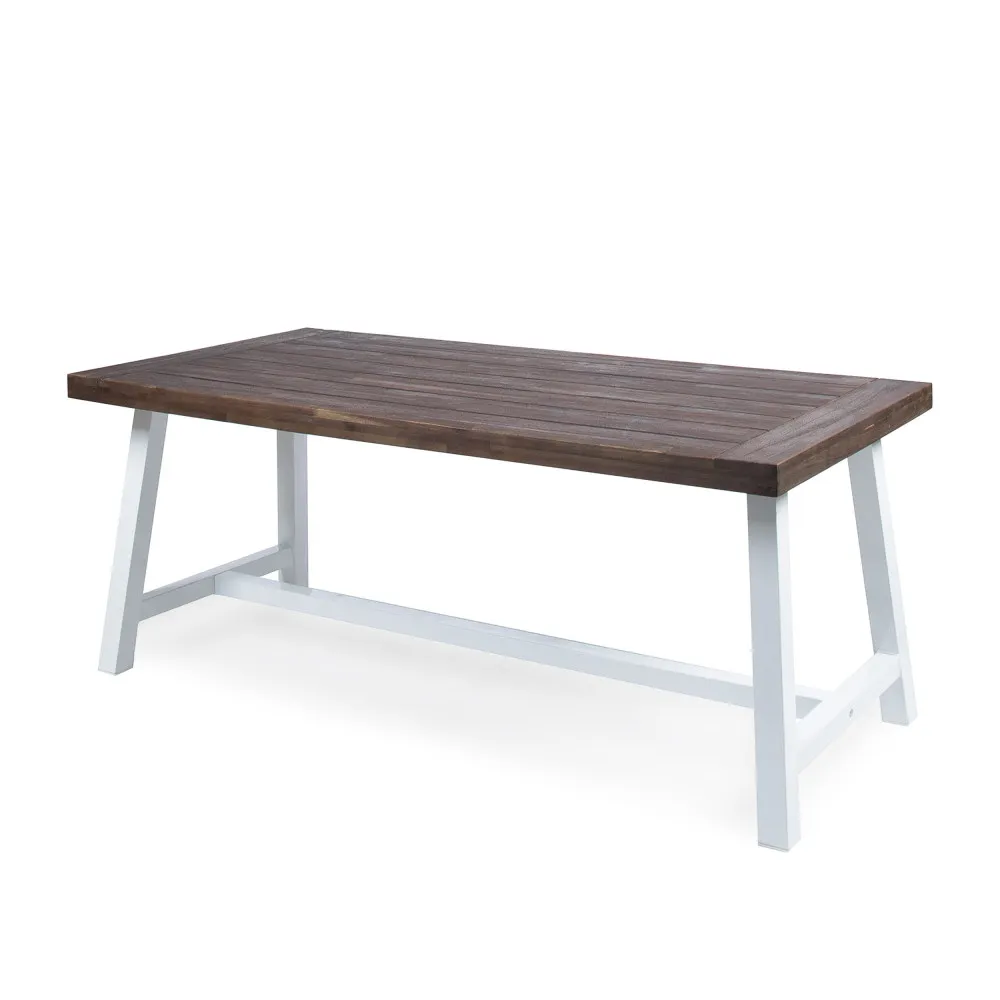 

Outdoor Dark Brown Sandblast Finish Acacia Wood Dining Table with White Rustic Metal Finish Frame