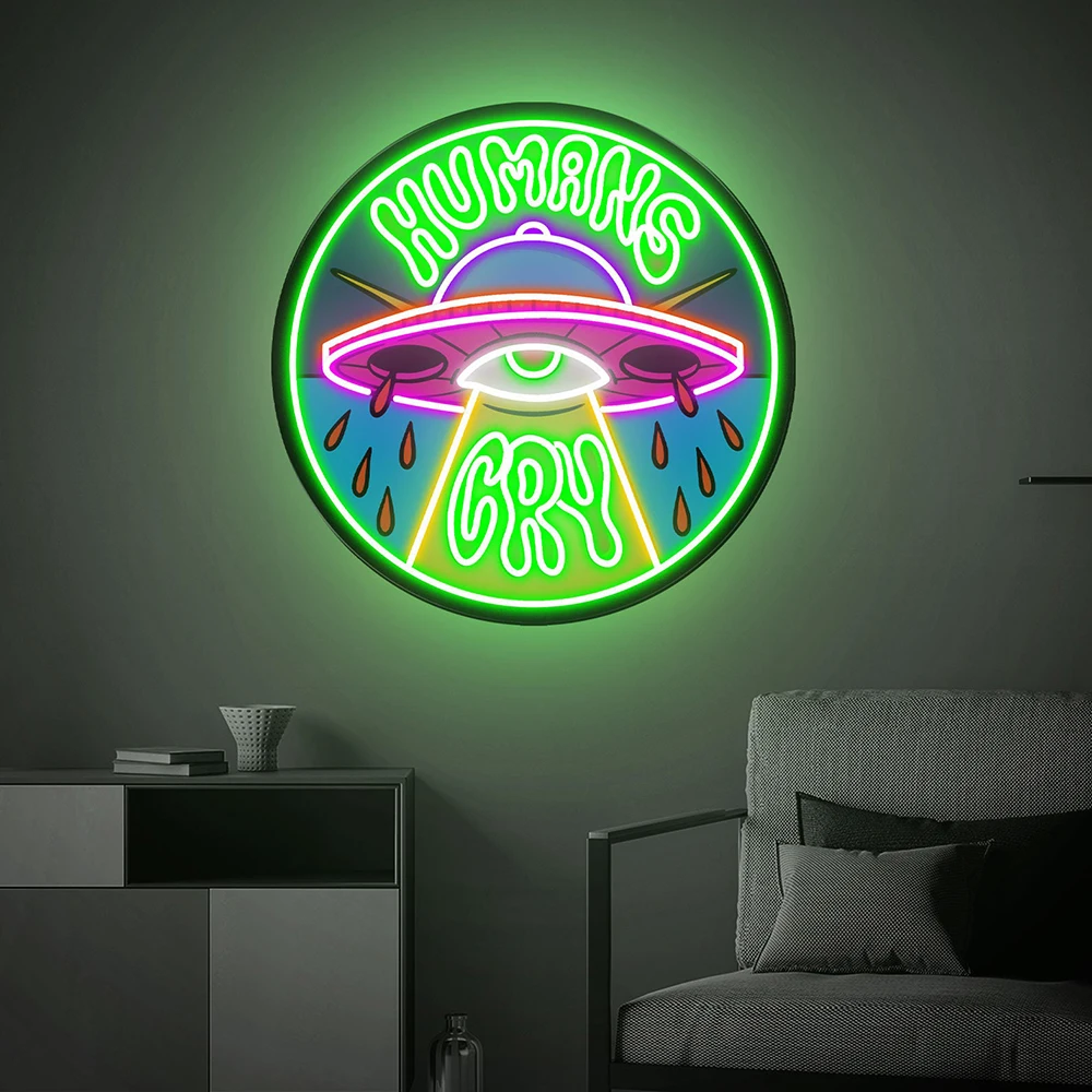 UFO Neon Sign com impressão UV, Humanos Choram, Luz personalizada, Decoração de parede de festa, Decoração do quarto, Luzes de néon LED