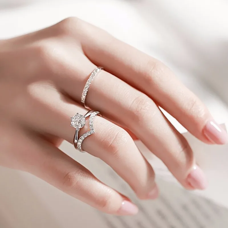 Jewelry Moissanite Stackable Single Row Diamond Ring Minimalist Adjustable Open Pinky Ring for Women