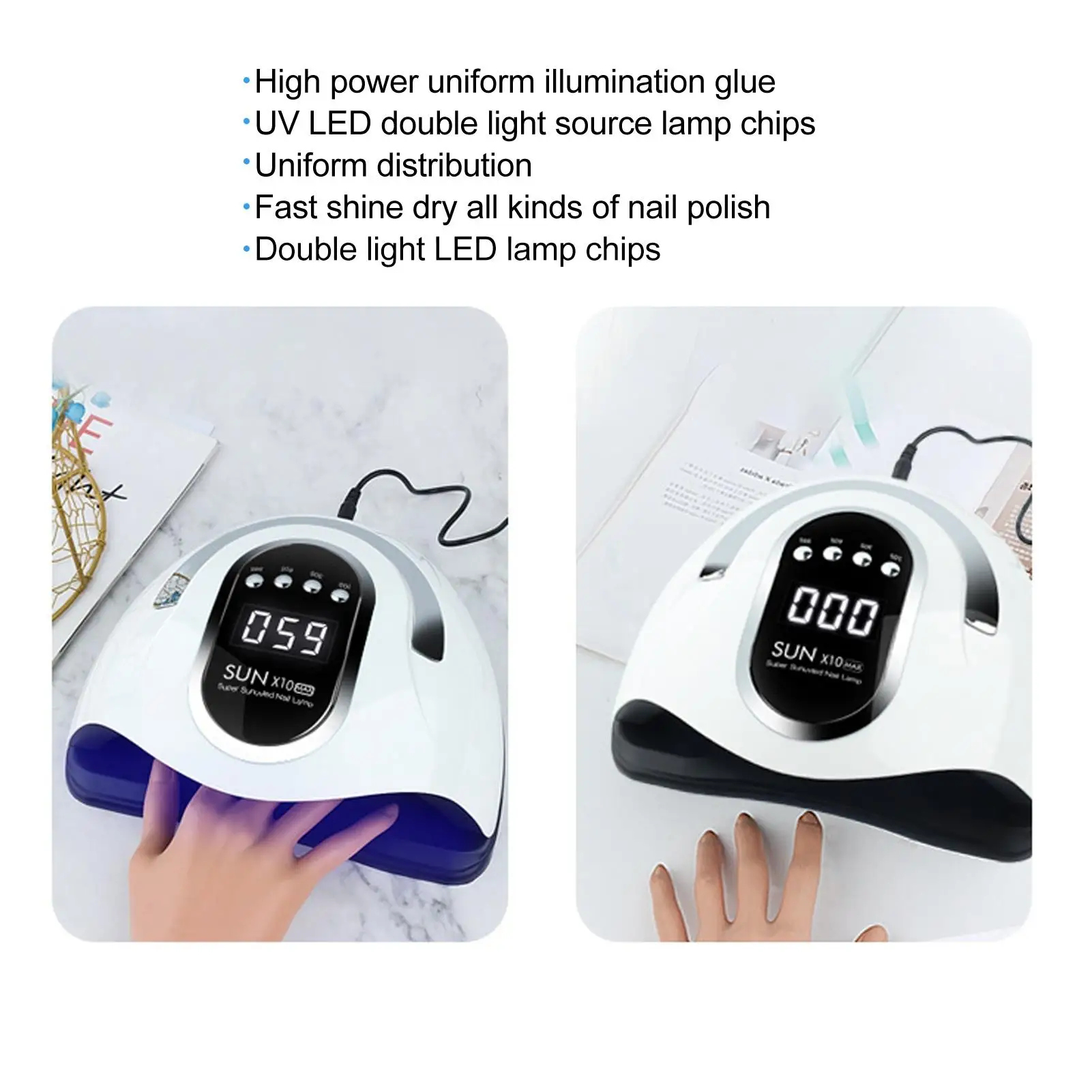 280W Nail Lamp with 4 Timers & Removable Bottom - Handheld Quick Drying Gel Polish Light 100-240V