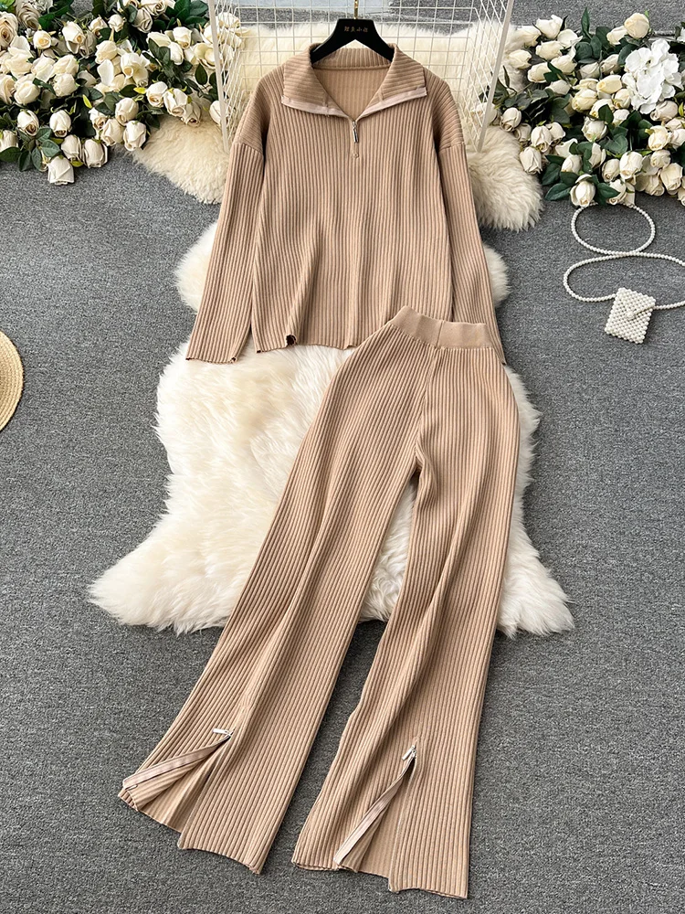 Croysier Casual Knit Two Piece Sets Womens Outfits Lapel Loose Pullover Sweater And Zipper Slit Hem High Waist Pants Co Ord Set