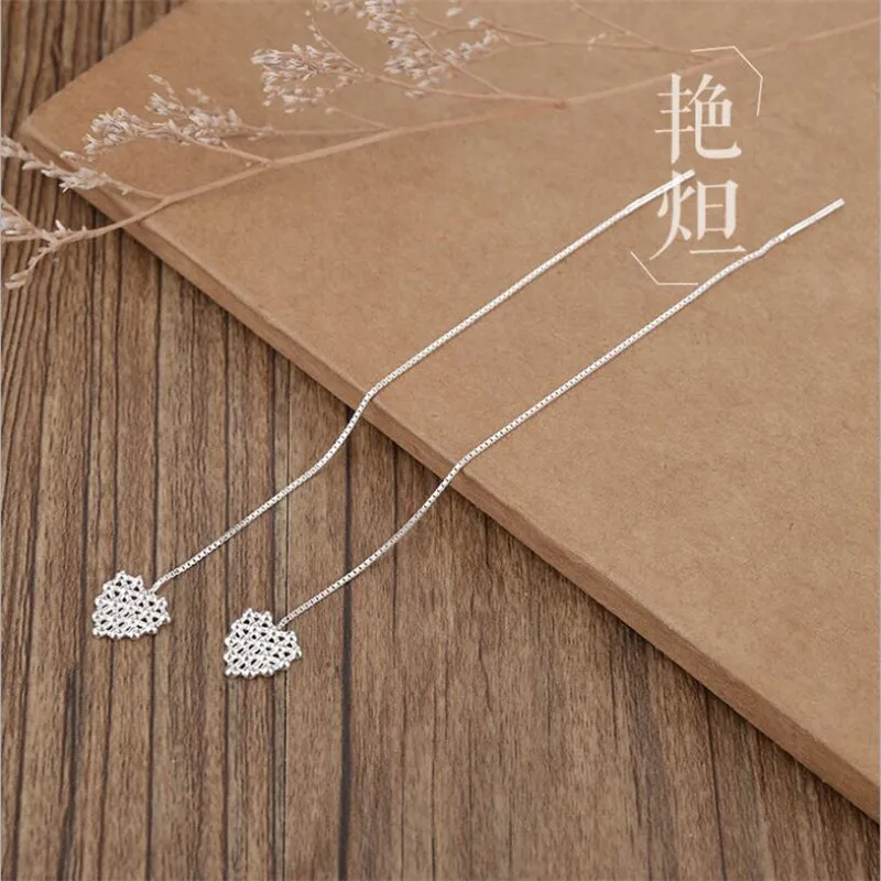 New Temperament Love Ear Line Simple Heart Shaped 925 Sterling Silver Jewelry Hollow Exquisite Long Dangle Earrings  E182