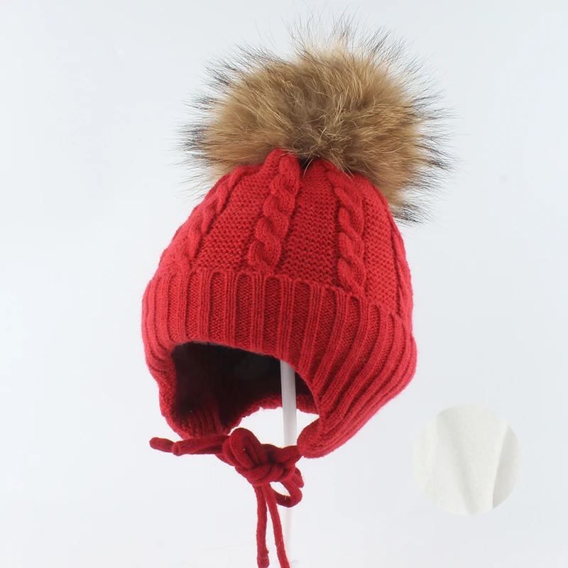 Real Raccoon Fur Pompom Hat Children Girl Boy Winter Warm Plus velvet Knitted Wool Beanies For Kids Outdoor Earflap Baby Cap