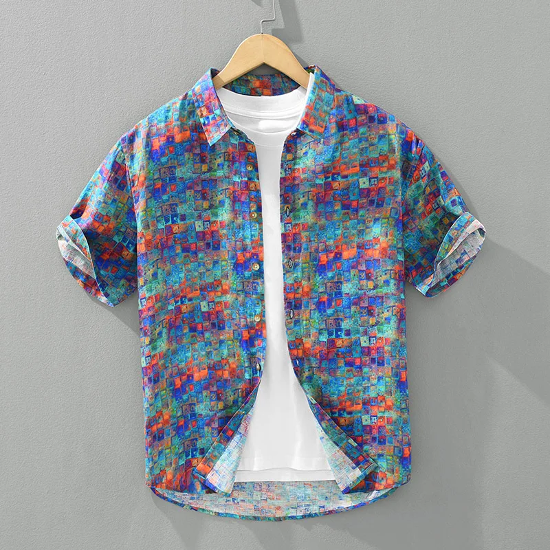 

Summer Men's Fresh Digital Printed Short-sleeved Shirt Hawaii Linen Literary Youth Trend Cotton Hemp Street Casual Top