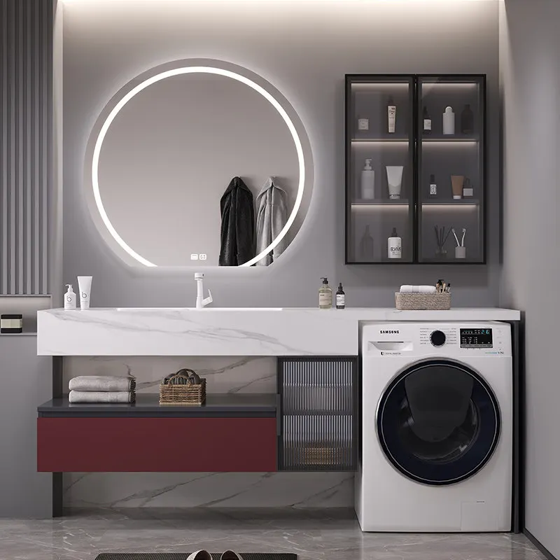 

Комбинированный шкаф для стиральной машины на балконе, тумба для ванной комнаты из каменной плиты в стиле лайт-люкс, умывальник.