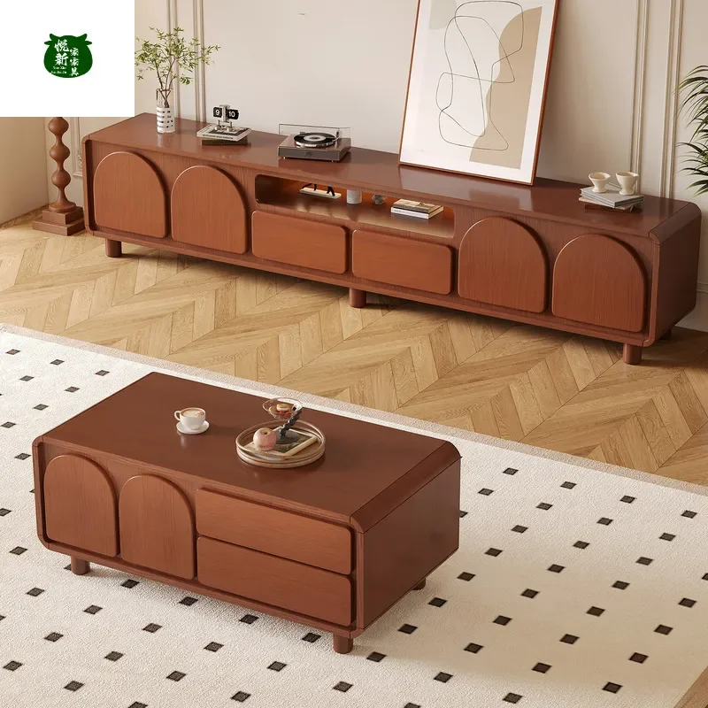 Medieval Rounded Corner TV Cabinet and Coffee Table Combo Black French Retro Light Luxury Modern Living Room Furniture for