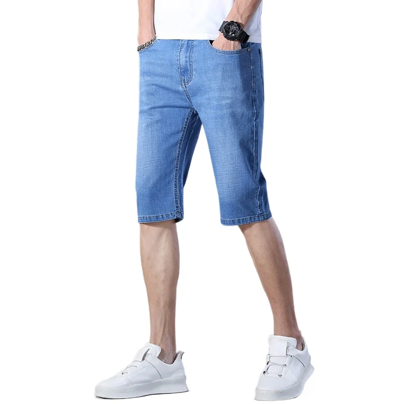 Summer Thin Men's Denim Shorts Man 5 Point Pants Breathable Loose Straight Stretch Casual Harlan Trend Adult Gentleman Fallow