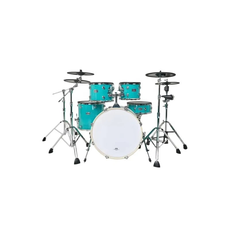 Professional 5-Piece Electronic Drum Kit, Turquoise Wood Shell Electronic Drum Set