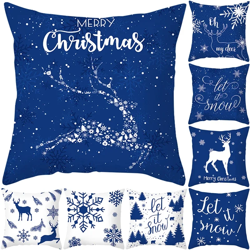 Home Decoration Christmas Blue Printing Poly Poems Pillow Set  Modern New Year  Cushion  funda de pillowcase