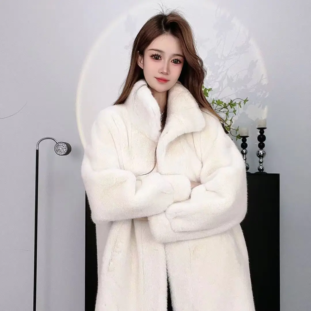 Women\'s Faux Mink Fur Coats, Covered Button Jacket, Female Loose Thick Warm Clothes,England Style,O-Neck, New, Winter, 2024