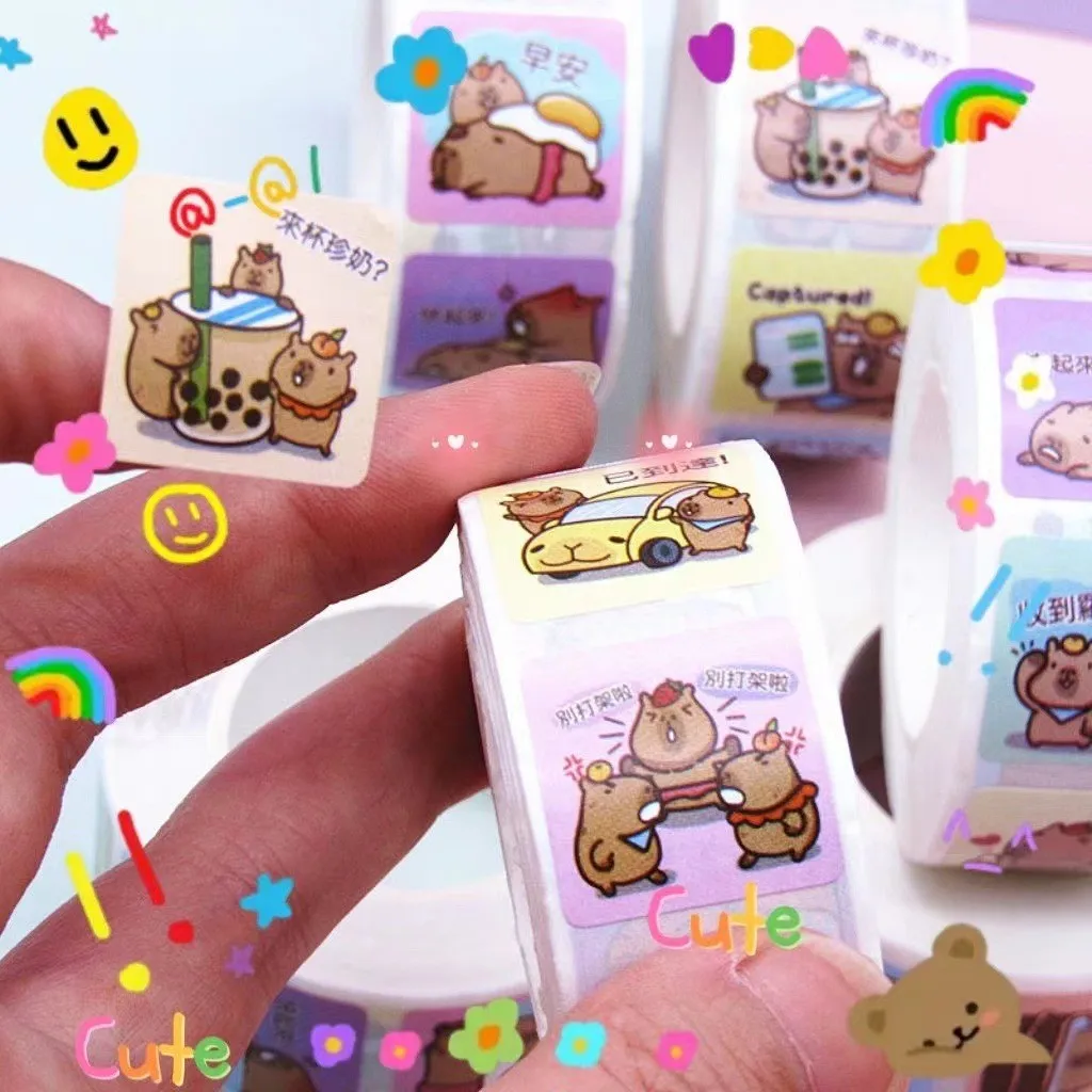 

500 Sheets/Roll Cute Kapibara Coiled Stickers - Waterproof PET Decals for DIY Journals, Sealing Decor BulingBulingStickers Store