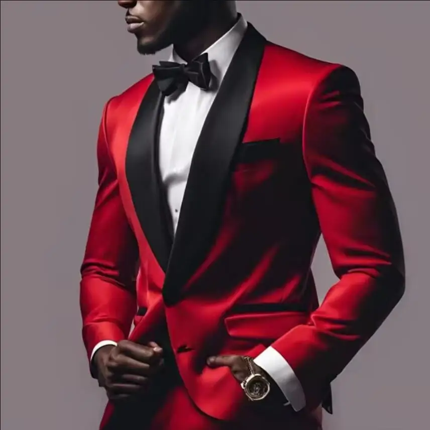 

New Luxury Red Satin Men Suits 2025 Shawl Lapel Single Breasted Wedding Blazer 2 Piece Jacket Pants Formal Prom Party Suit Male