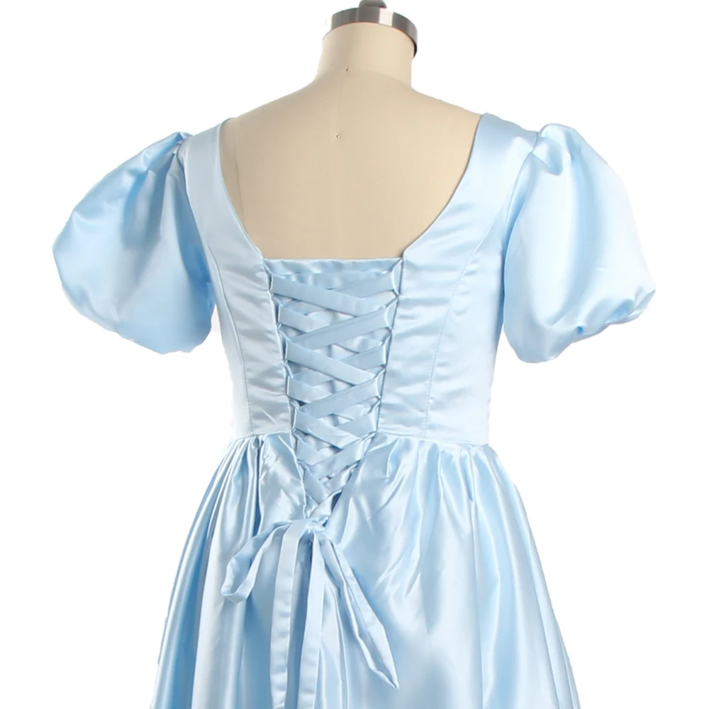 Vestidos de noite cetim brilhante céu azul simples mangas curtas puff rendas até plissado a linha andar comprimento mais tamanho vestido de festa b1918