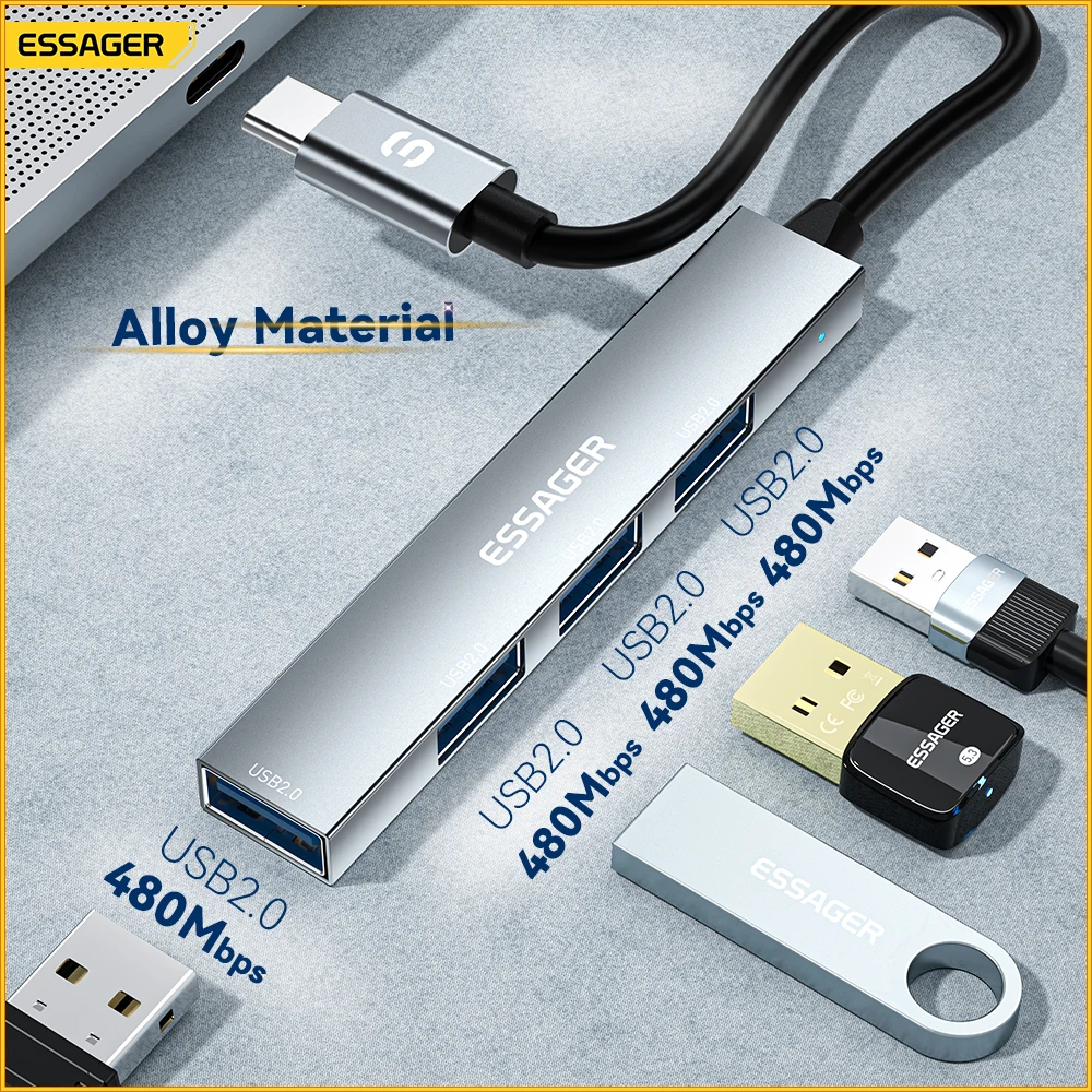 Essager 4 in 1 USB Hub to Type C USB 2.0 for Macbook Air Pro Laptop Dock Station Splitter