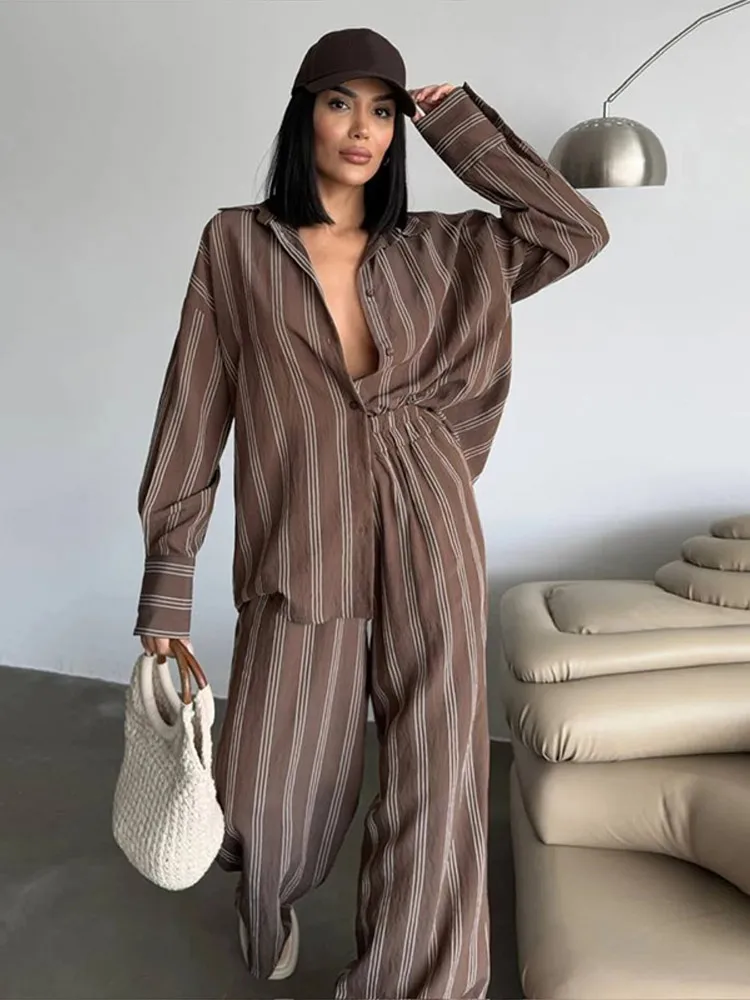 Vertical Striped Oversized Long Pants Set Women Lapel Long Sleeve Single Breasted Shirt Wide Leg Trousers Autumn  Outfit
