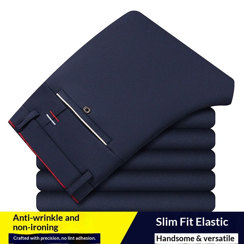 Men's Summer Workwear Dress Pants Thin Straight Stretch Casual Pants with No Trace No Ironing Fabric Silky Cool Feeling Trousers