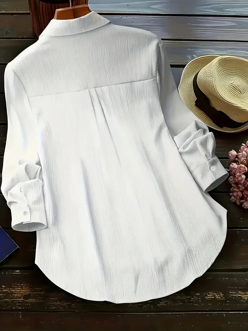 Plus Size Women Cotton Linen Button Down Shirts Long Sleeve Lapel Shirt Tops Solid Color Loose Casual Tops 5
