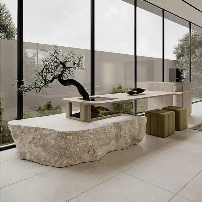 Wabi-sabi wind, natural travertine coffee table, household light luxury retro special-shaped tea table