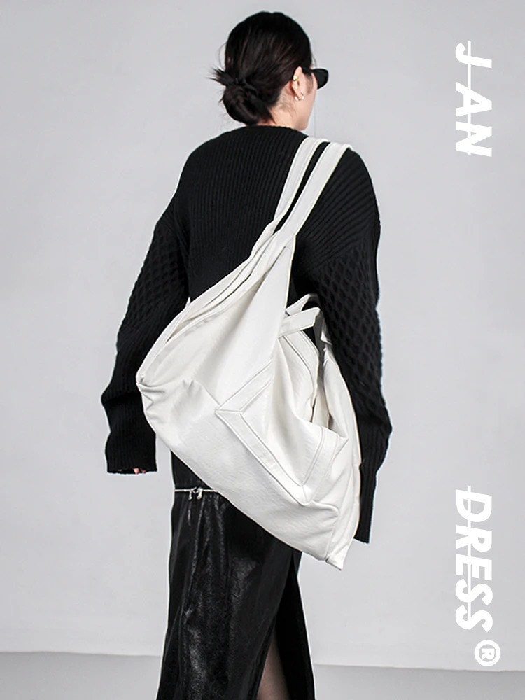 Large Capacity White Shoulder Strap Tote Bag Women's Crossbody Bag Street Style Dual Zipper Pure Color PU Leather Handbag