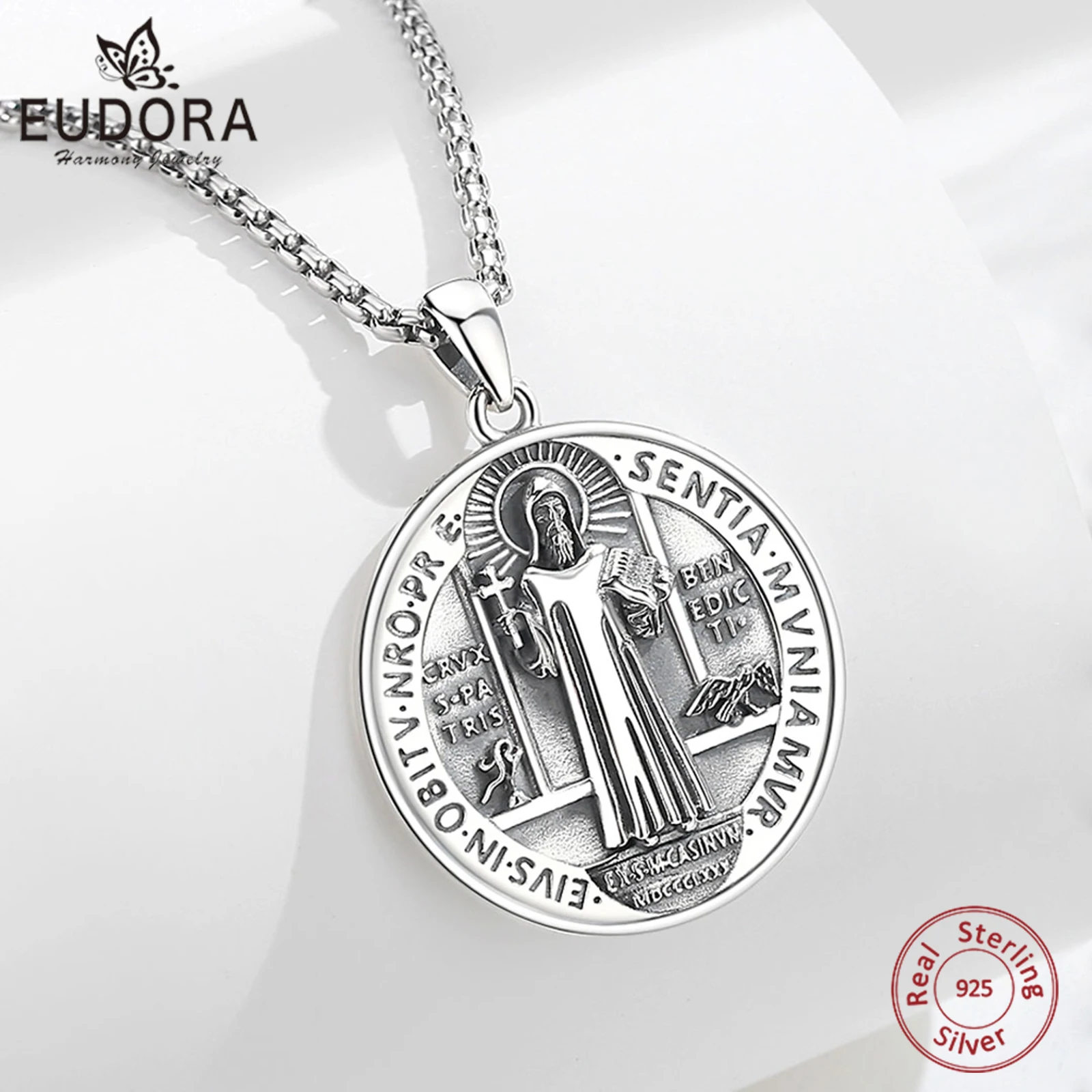 Eudora Original 925 Sterling Silver Saint Benedict Medal Necklace San Benito Cross Amulet Pendant Religious Jewelry Gift for Man