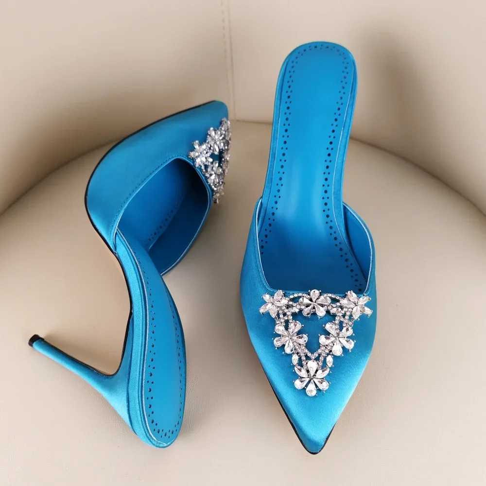 Blue Satin Crystal Flower Women Stiletto High Heel Pumps Mules Pointed Toe Backless Slides Sandals Wedding Daily Slippers Shoes