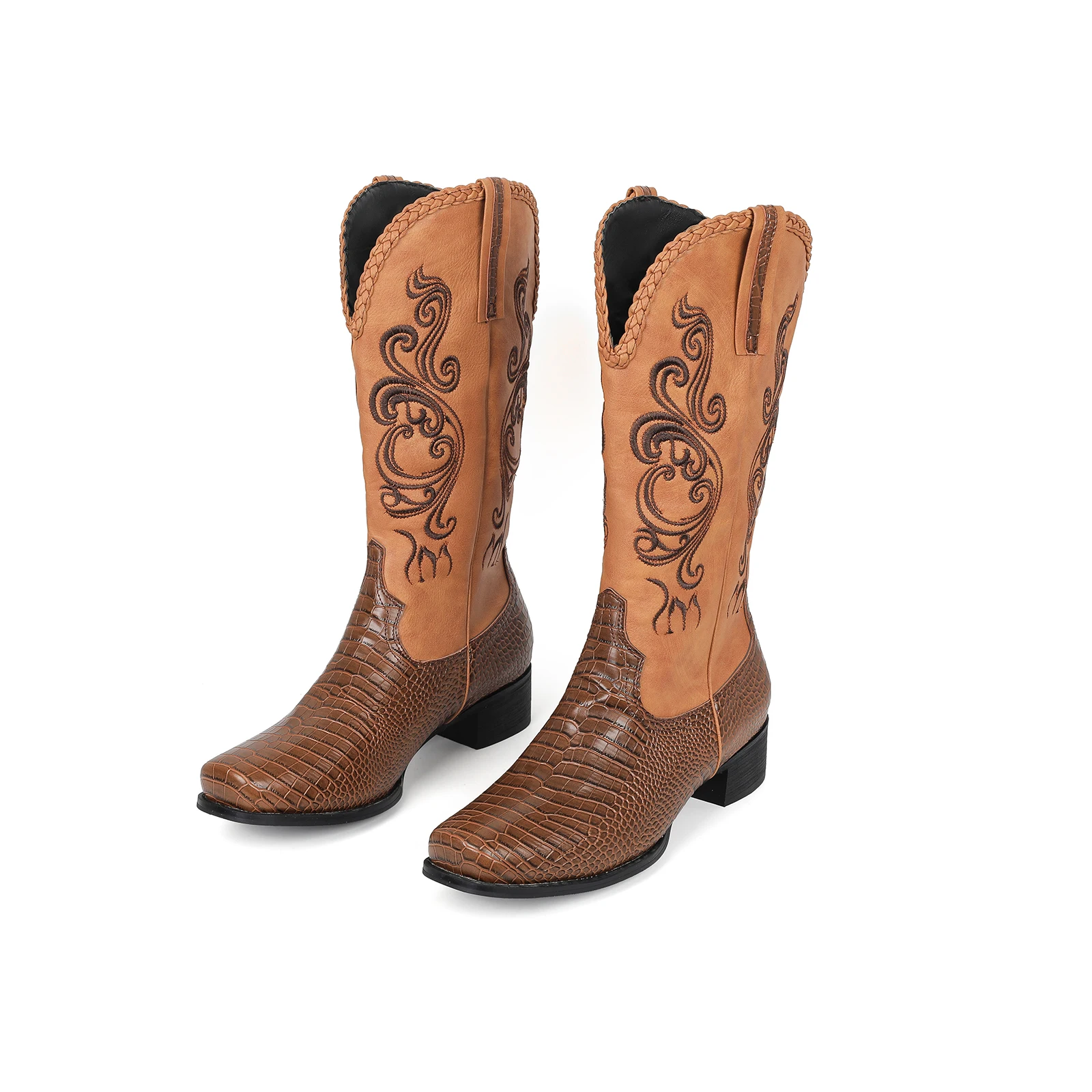 

Crocodile Western Cowboy Boots Mid Calf Wide Square Toe Boots Shoes