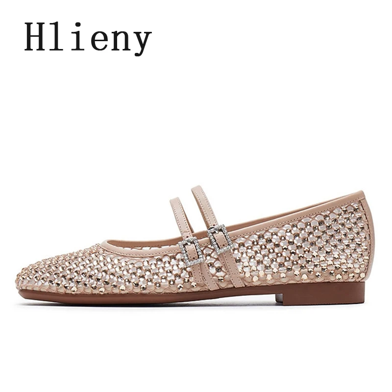 

Hlieny Fashion Crystal Buckle Strap Flats Women Round Toe Hollow Rhinestone Mesh Loafers Ladies Elegant Wedding Mary Jane Shoes