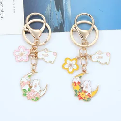 Fashion Sweet Enamel Cherry Blossom Rabbit Keychain for Women Girls Cute Moon Flower Key Chain Bag Car Key Pendant Jewelry Gift