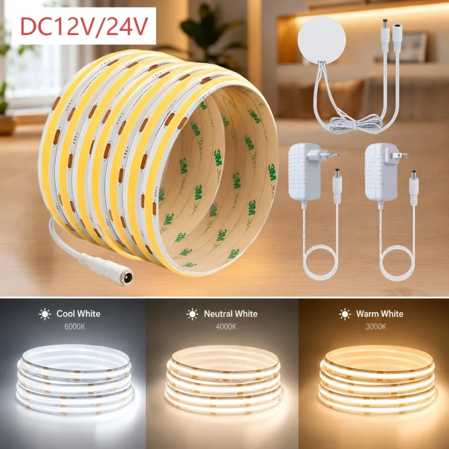 0.5-10m COB Ligtht Strip DC12V 24V 8mm Ultra Thin  320LED/M Touch Dimmer Sensor 3000K 4000K 6000K EU US Plug Kit Bedroom Decor