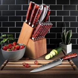 Knife Set 15-Piece Kitchen Knife Set With Wooden Block,Laser Damascus Pattern Steel Pro Chef Knife,With Scissor Sharpening Rod