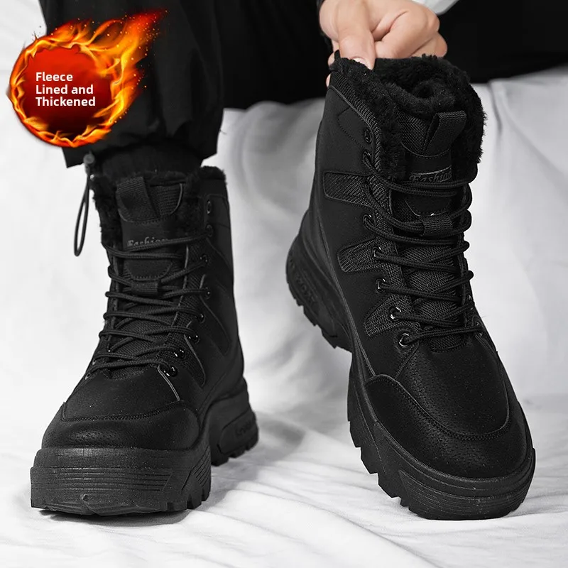 Men's Winter Thickened Fleece Lined Snow Boots Outdoor Anti Slip Cold Resistant Cotton Shoes Youth Trend Korean Style Work Boots