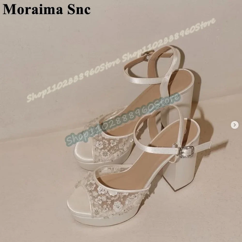 

White Satin Sequins Platform Wedding Sandals Chunky High Heel Women Shoes Ankle Buckle Strap Peep Toe Elegant Luxury Sandals