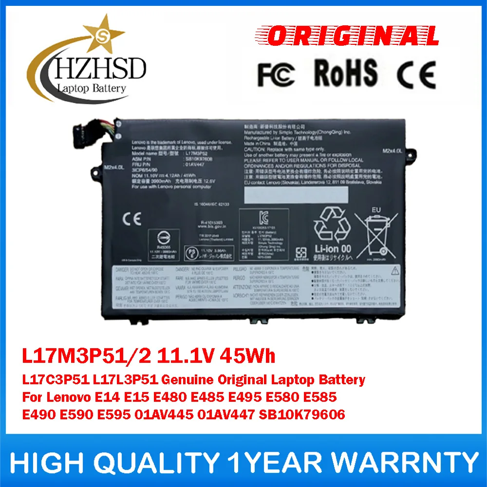 L17M3P51/2 11.1V 45Wh L17C3P51 L17L3P51 Genuine Original Laptop Battery For Lenovo E14/15 E480/485 E495 E580 E585 E490 E590 E595