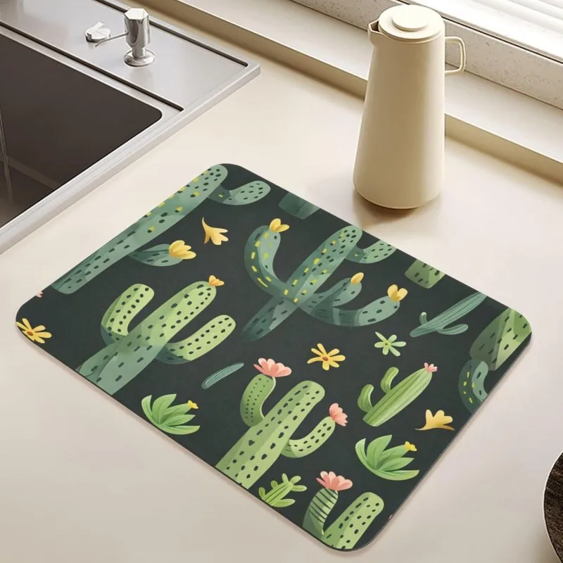Cute Cactus Dish Drying Mat Cartoon Succulent Kitchen Counter Mat Green Dessert Plants Coffee Bar Pad Absorbent Decor