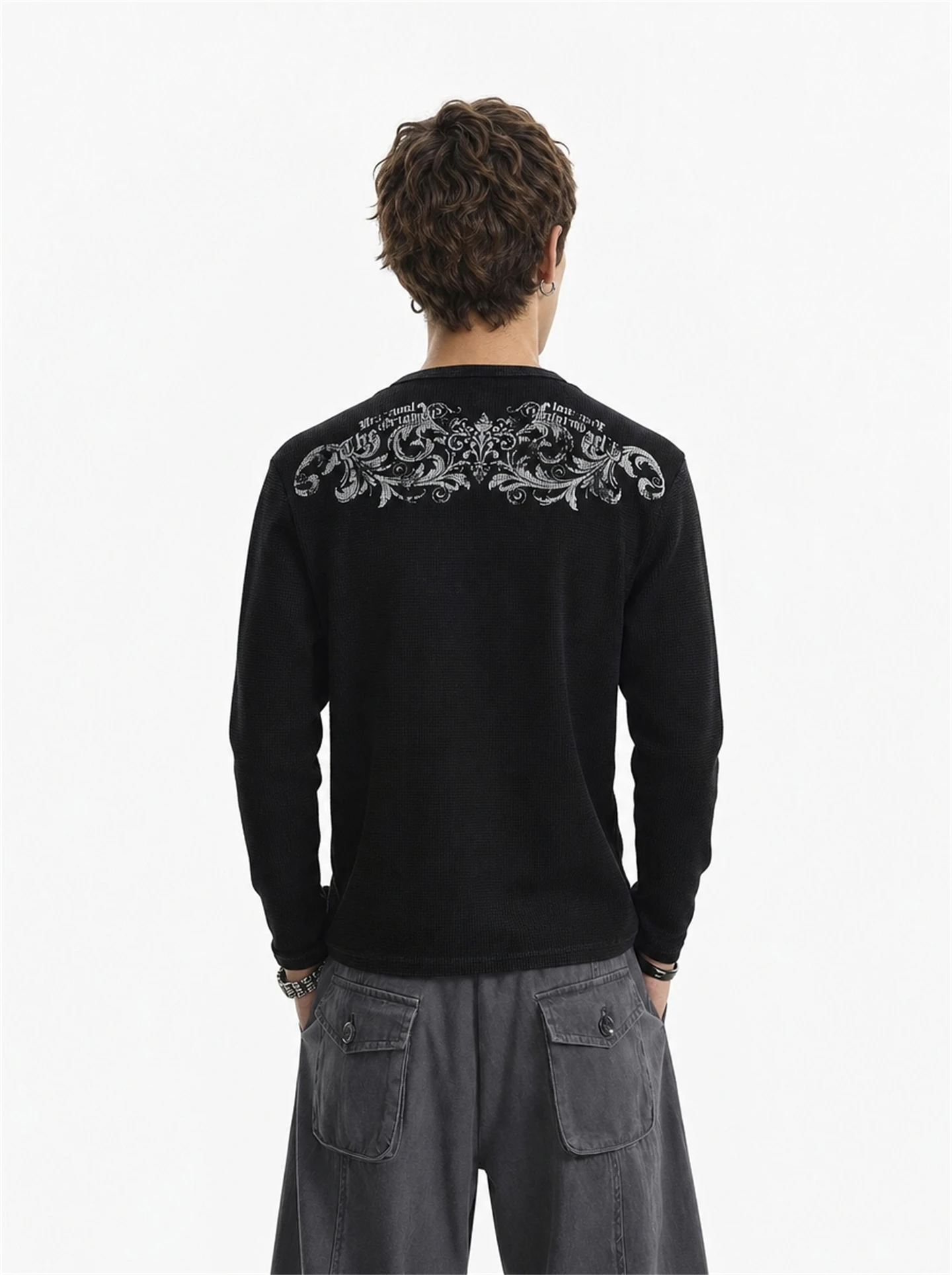 BETEBULE American Retro Long Sleeve T-Shirt Men's Slim Fit Base Shirt Autumn Top Fashionable Henry Collar Printed Youth Trend