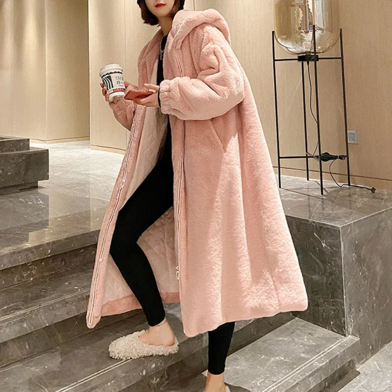 Hooded Thick Faux Fur Jacket Women Pink Autumn Winter Maxi Coat Long Warm Luxury Belt Fur Black Parkas Bontjas Furry Outerwear