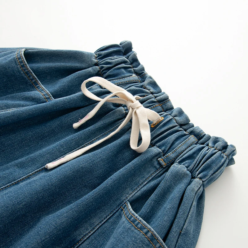 Summer High Waist Drawstring A-Line Wide Leg Jeans Shorts Women Elegant Slimming Cuffed Casual Comfortable Loose Fit Denim