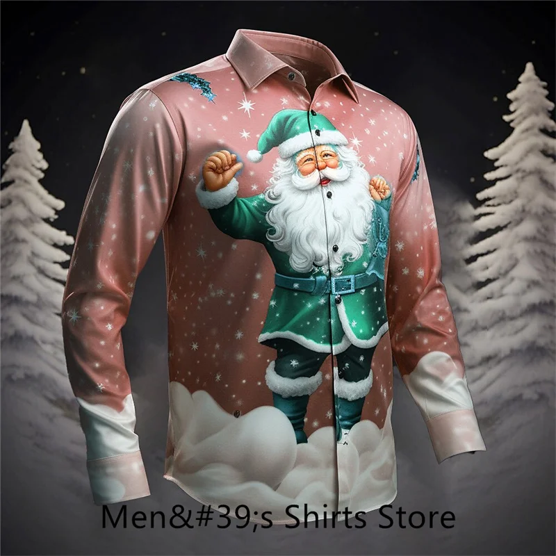 Santa Claus casual men's shirt for daily wear going out autumn and winter lapel long sleeve purple, green, burgundy