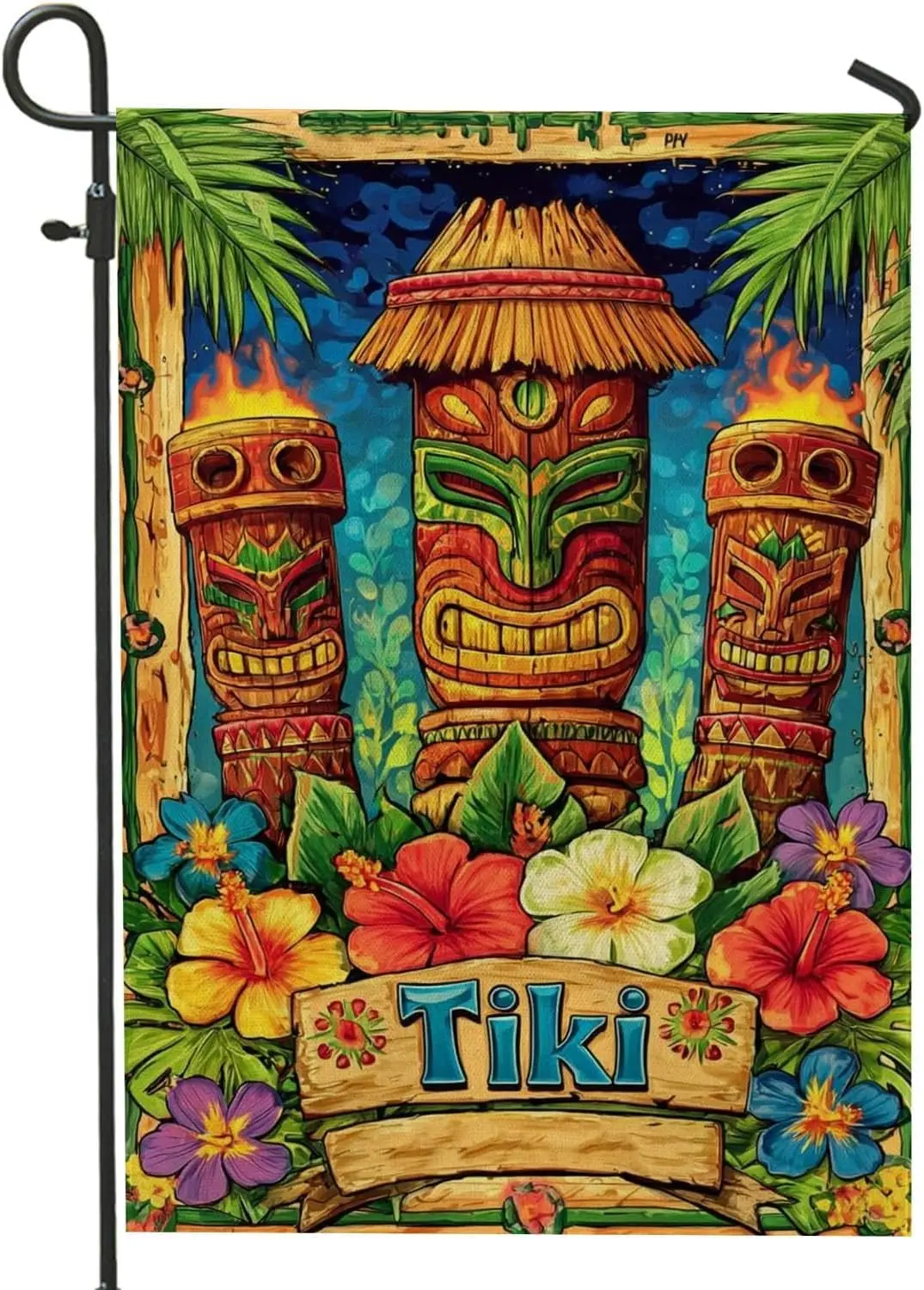 Tiki Themed Garden Flag, Vibrant Colorful Tropical Decor Banner, Double Sided Outdoor Lawn Decoration for Summer Parties 12x UUX