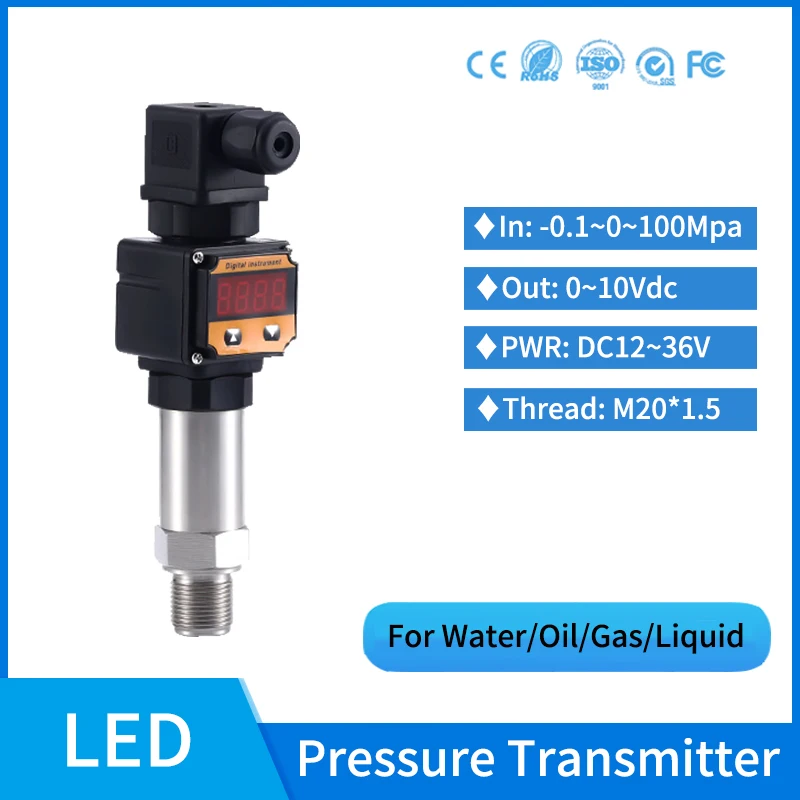 0-10V LED 10bar Gas Wind Pressure Transducer Sensor for air Compressor Stainless Steel Truck Oil Pressure Sensor Transmitter