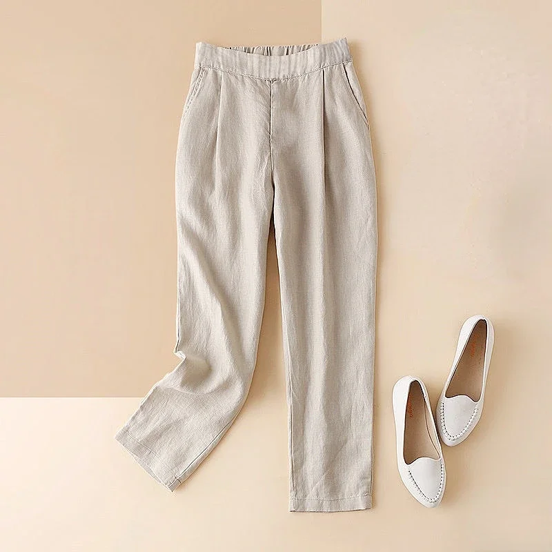 Black Women\'s Pants Elastic Waist Linen Trousers for Woman Clothing White Summer Nylon Outfits High Quality Korean Fashion 90s G