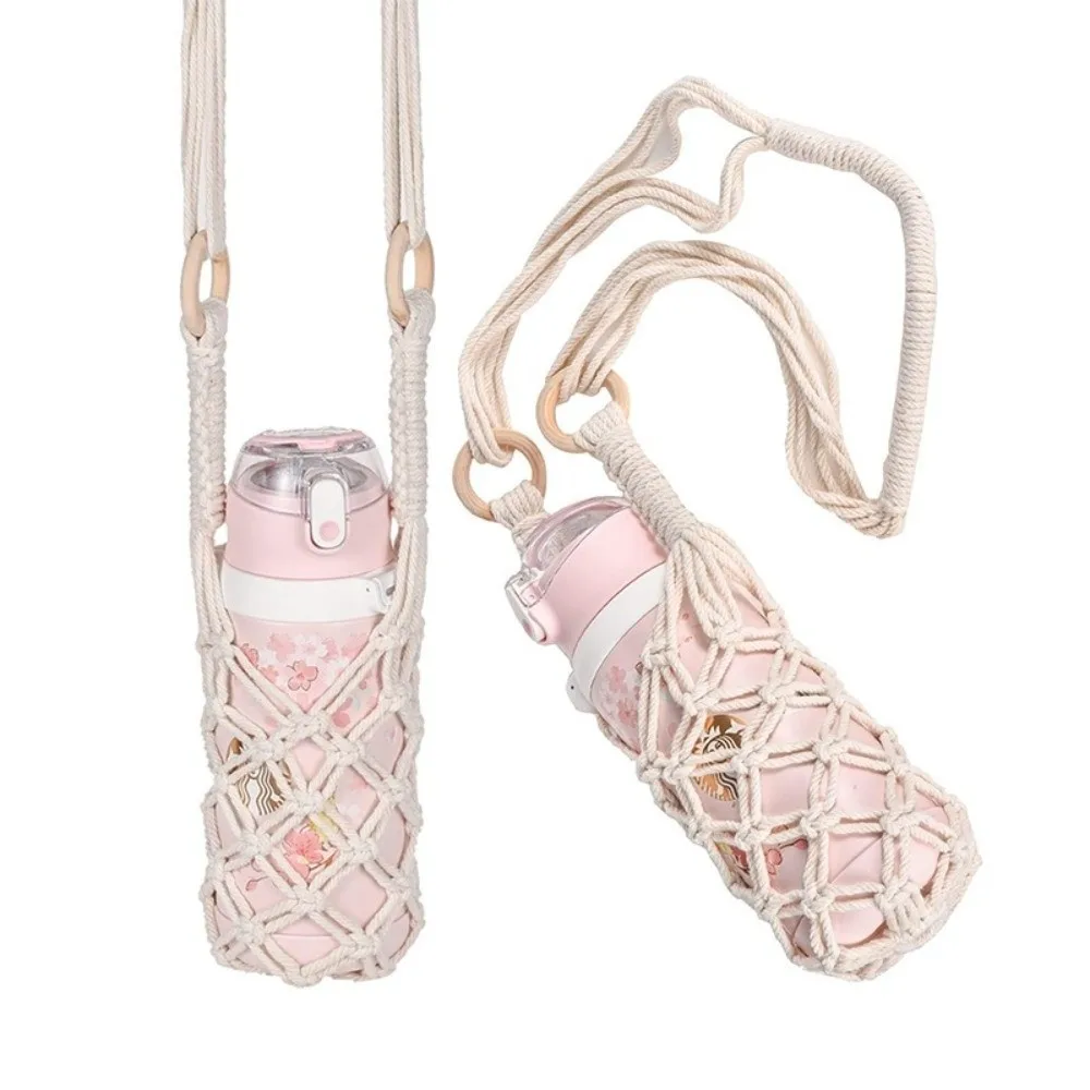 Bohemian Hand-woven Knitting Hanging Bottle Net Bag Cotton Rope Hollow Out Water Bottle Holder Crochet Cup Mesh Bag Cup