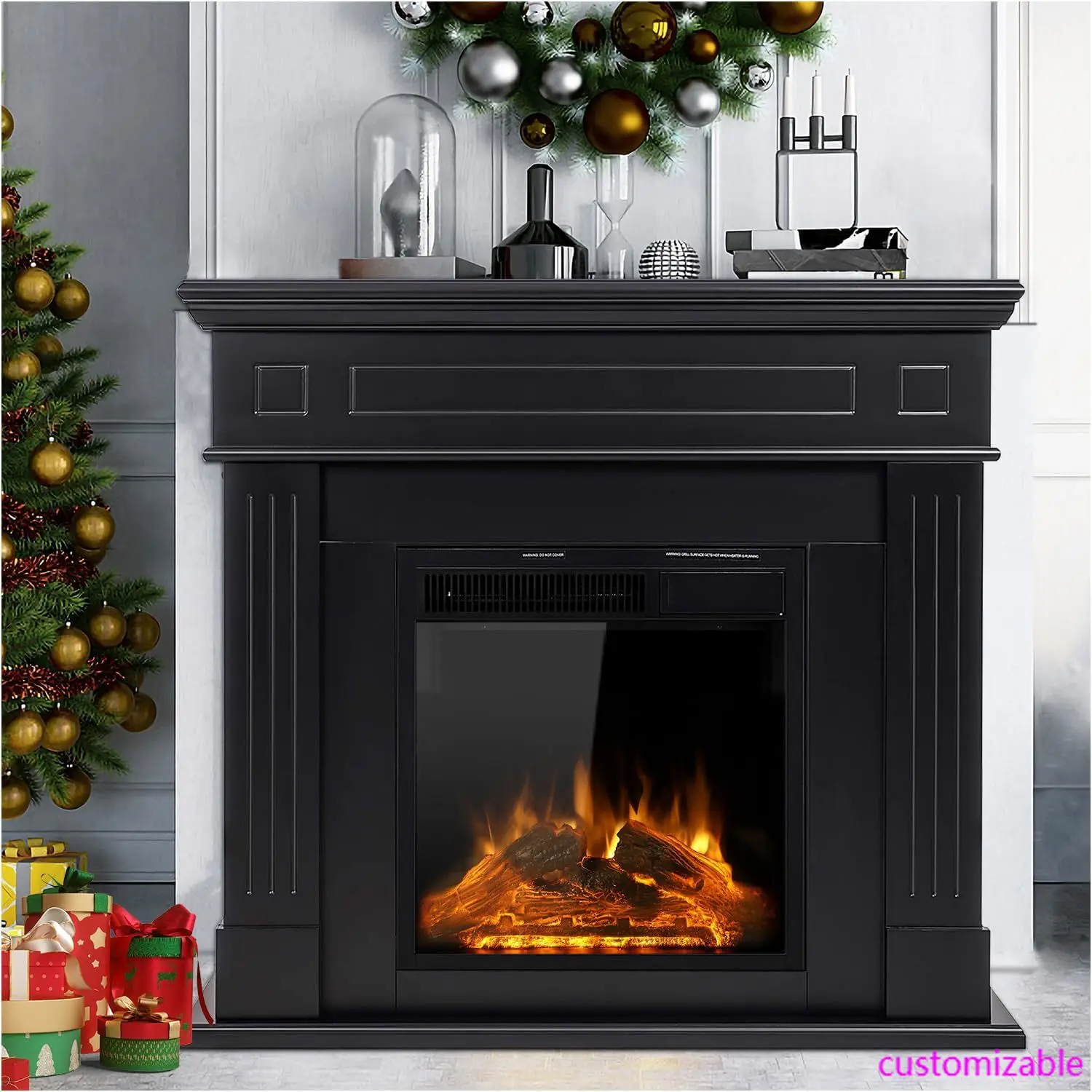

44" Electric Fireplace with Mantel Package Free-Standing Fireplace Heater, Wooden Surround Firebox with Log, Remote Control