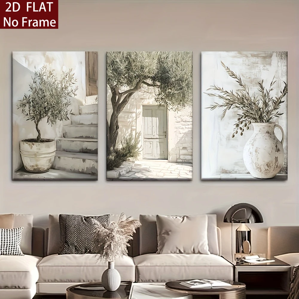 （NO Frame 3PCS）-2D Flat, 2D/ FLAT, 3pcs Frameless Canvas Poster, Family Compound, Poster and Printed Matter, Living Room, Lib