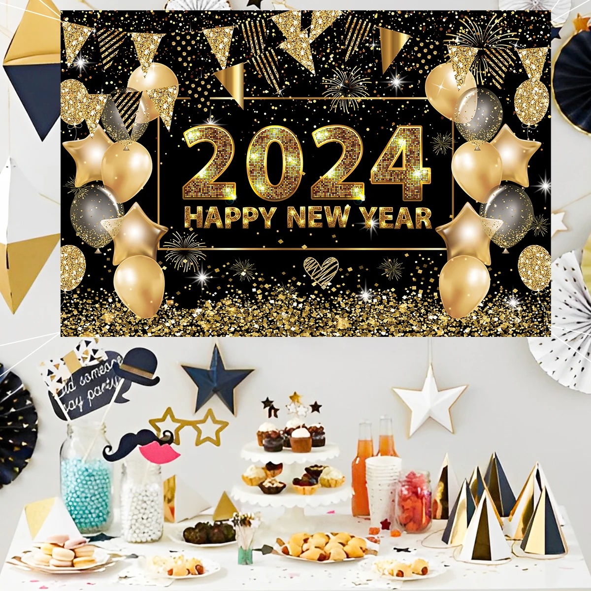 Happy New Year 2024 Backdrop Cloth Merry Christmas Decoraions for Home Christmas Ornament Xmas Gift New Year Background