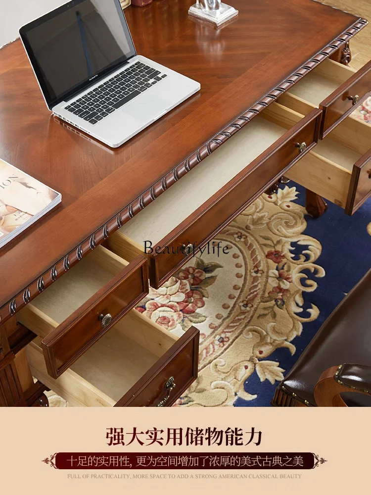 FG26American-Style Solid Wood Desk European-Style Vintage Engraving Desk