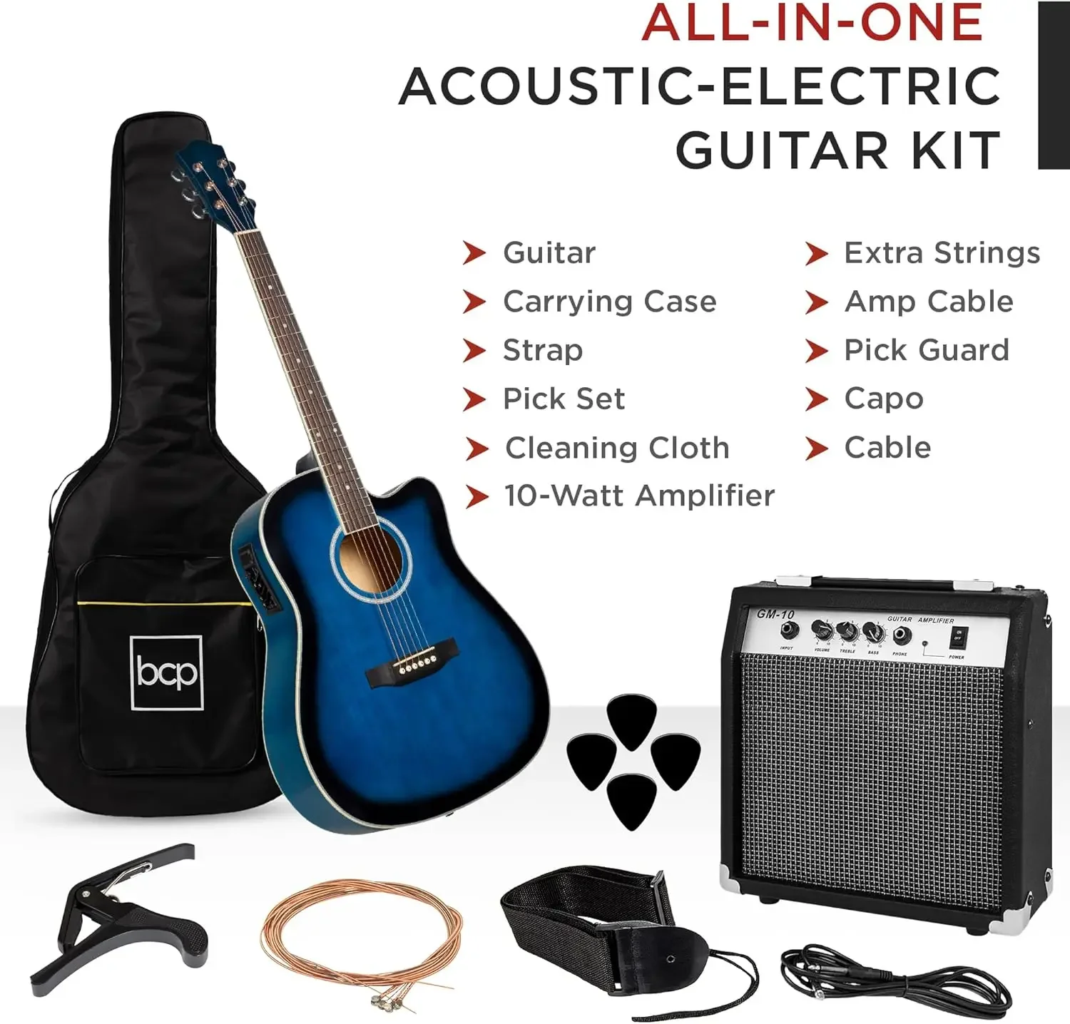 Beginner Acoustic Electric Guitar Starter Set w/ 41in, All Wood Cutaway Design, Case, Strap