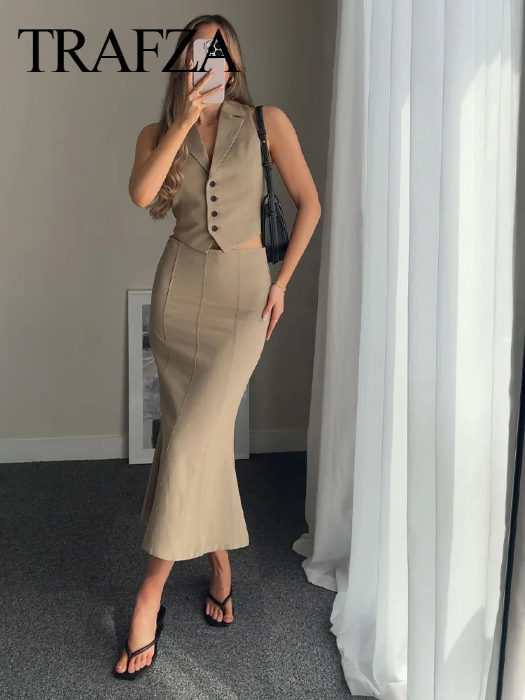 TRAF 2024 Woman Fashion Solid Khaki Suit Sleeveless Back Lace-Up Vest Waistcoats+High Waist Mermaid Skirts Set Casual Street