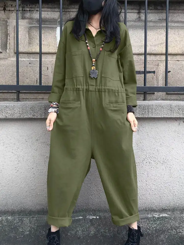 

2024 ZANZEA Fashion Women Cargo Jumpsuits Spring Lapel Neck Long Sleeve Rompers Solid Holiday Playsuits Casual Loose Overalls